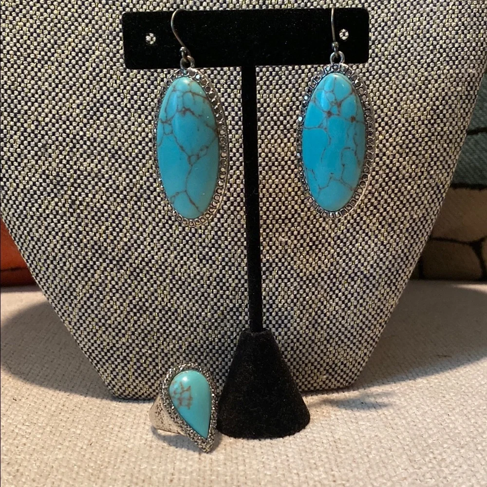 Blue and Silver Statement Earrings with Turquoise Stones - Picture 1 of 5